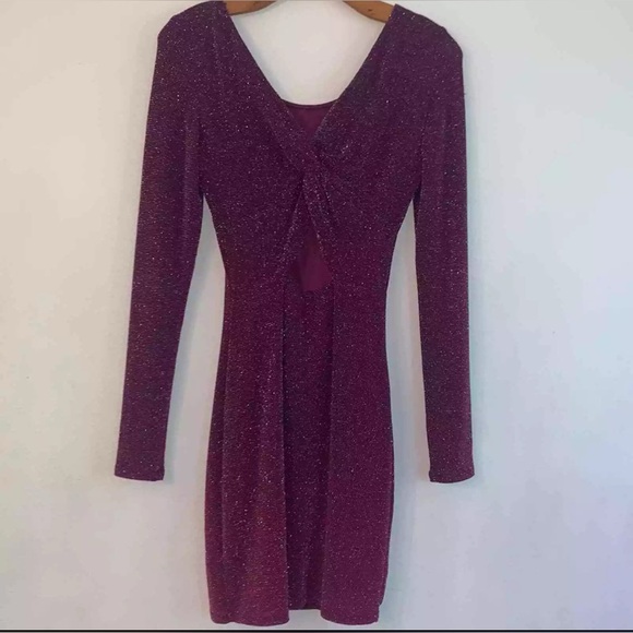 GUESS Mini Bodycon purple Silver Sparkly Long Sleeve Cut Out Back Dress S - Picture 11 of 12